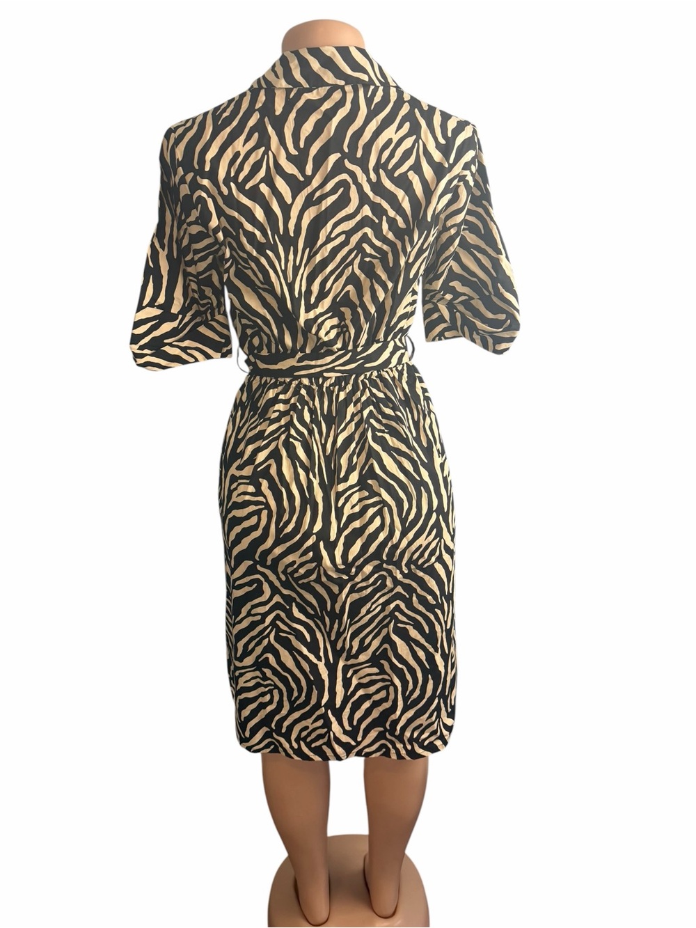 DKNY Elbow Sleeve Collared Neck Button-Front Belted Shirt Dress Zebra Print - Picture 5 of 9